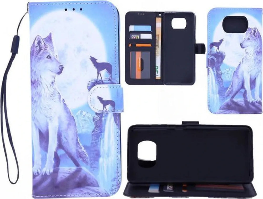Nokia 2.4 Hoesjes – Bookcase Portemonneehoes – Wolf Print – Magneetsluiting – Inclusief 2x Screenprotector – Zwart-Ilumina Benelux