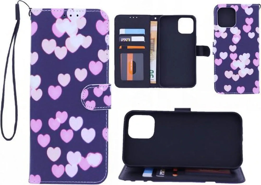 Motorola Moto G9 Power Hoesjes – Bookcase Portemonnee – Hearts Print – Magneetsluiting – Inclusief 2x Screenprotector-Ilumina Benelux