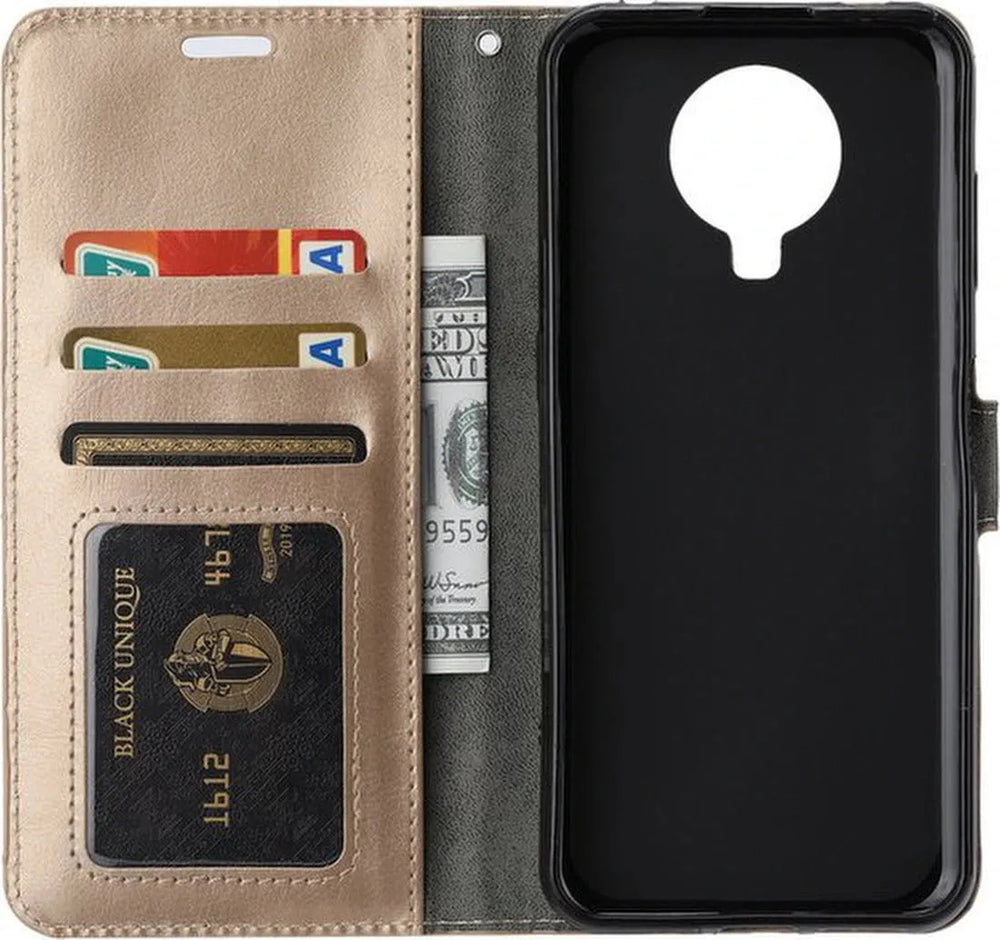 Nokia 5.3 Hoesjes – Bookcase Portemonnee – Magneetsluiting – 2x Screenprotector – Goud-Ilumina Benelux