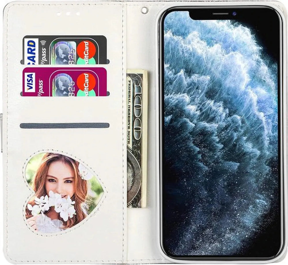 iPhone 12 Mini Hoesjes – Glitter Portemonneehoes met Rits – Koord – Pasjeshouder – Zilver-Ilumina Benelux
