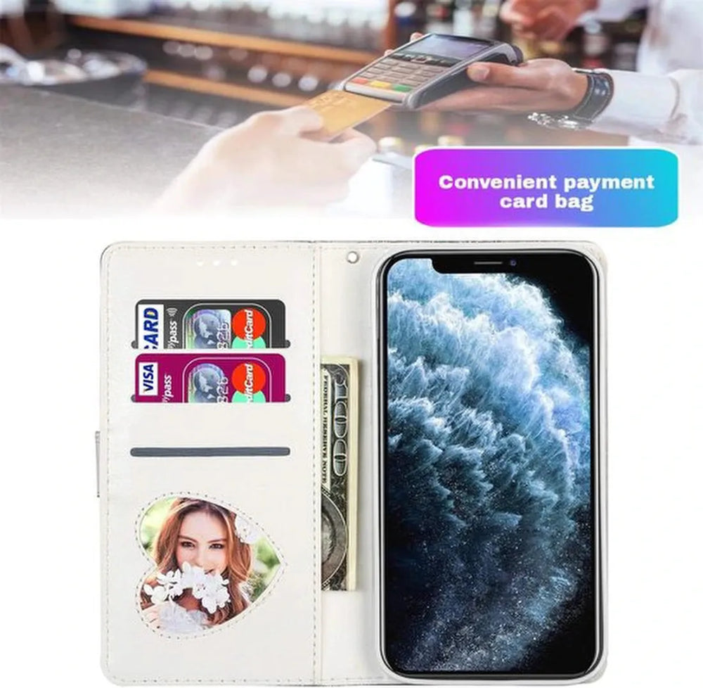 iPhone 12 Mini Hoesjes – Glitter Portemonneehoes met Rits – Koord – Pasjeshouder – Zilver-Ilumina Benelux