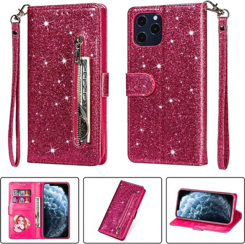 iPhone 12 Mini Hoesjes – Glitter Portemonnee Case – Rits – Koord – Pasjeshouder – Roze-Ilumina Benelux