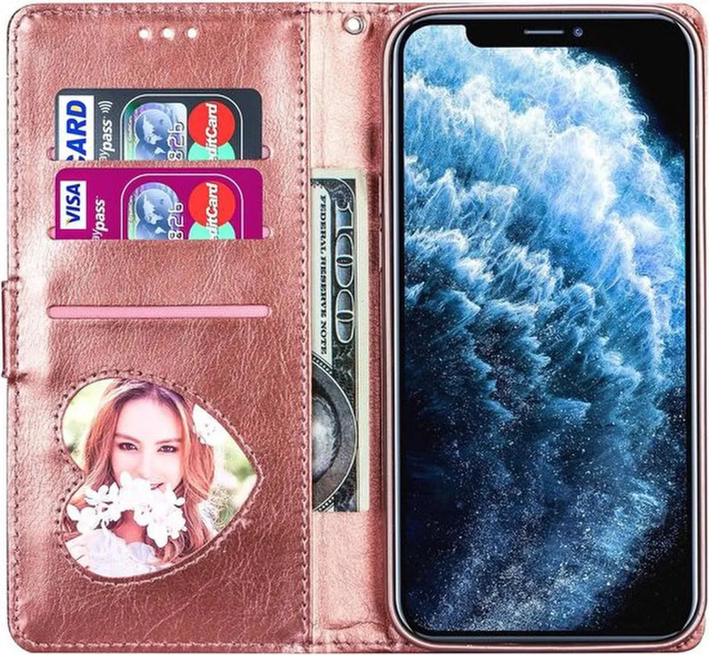 iPhone 12 Mini Hoesjes – Glitter Portemonneehoes – Rits – Koord & Pasjeshouder – Roségoud-Ilumina Benelux