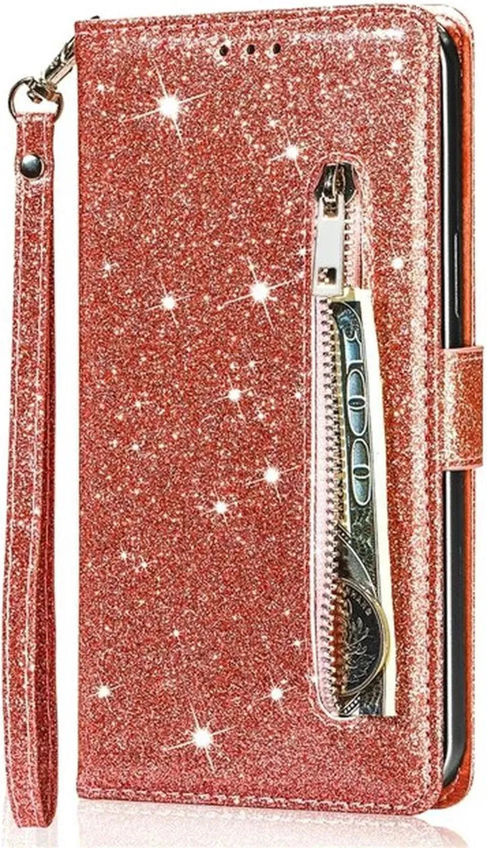 iPhone 12 Mini Hoesjes – Glitter Portemonneehoes – Rits – Koord & Pasjeshouder – Roségoud-Ilumina Benelux