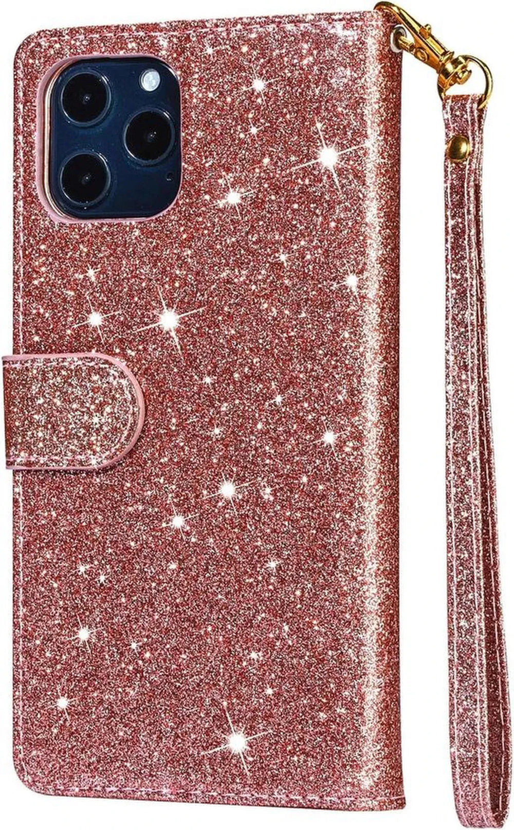iPhone 12 Mini Hoesjes – Glitter Portemonneehoes – Rits – Koord & Pasjeshouder – Roségoud-Ilumina Benelux