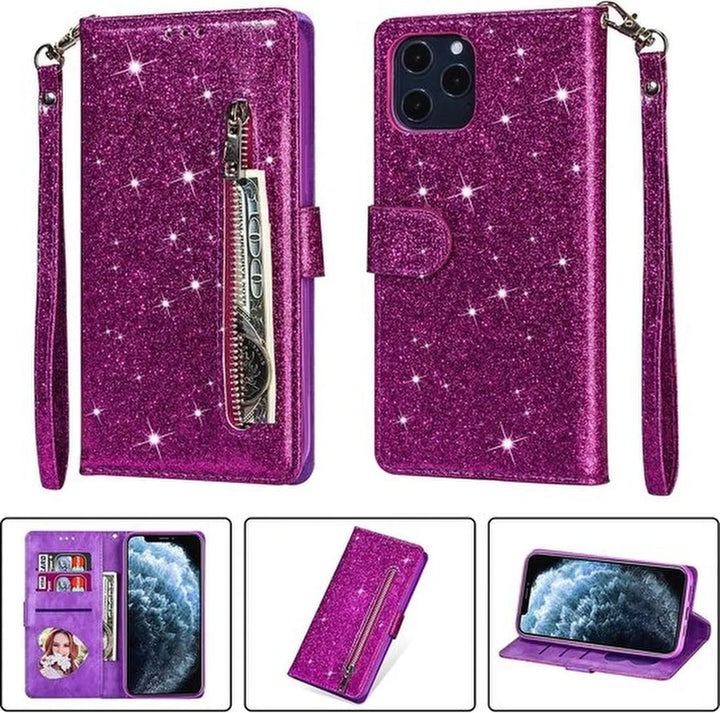 iPhone 12/12 Pro Hoesjes – Glitter Portemonnee Case – Rits & Koord – Pasjeshouder – Paars-Ilumina Benelux