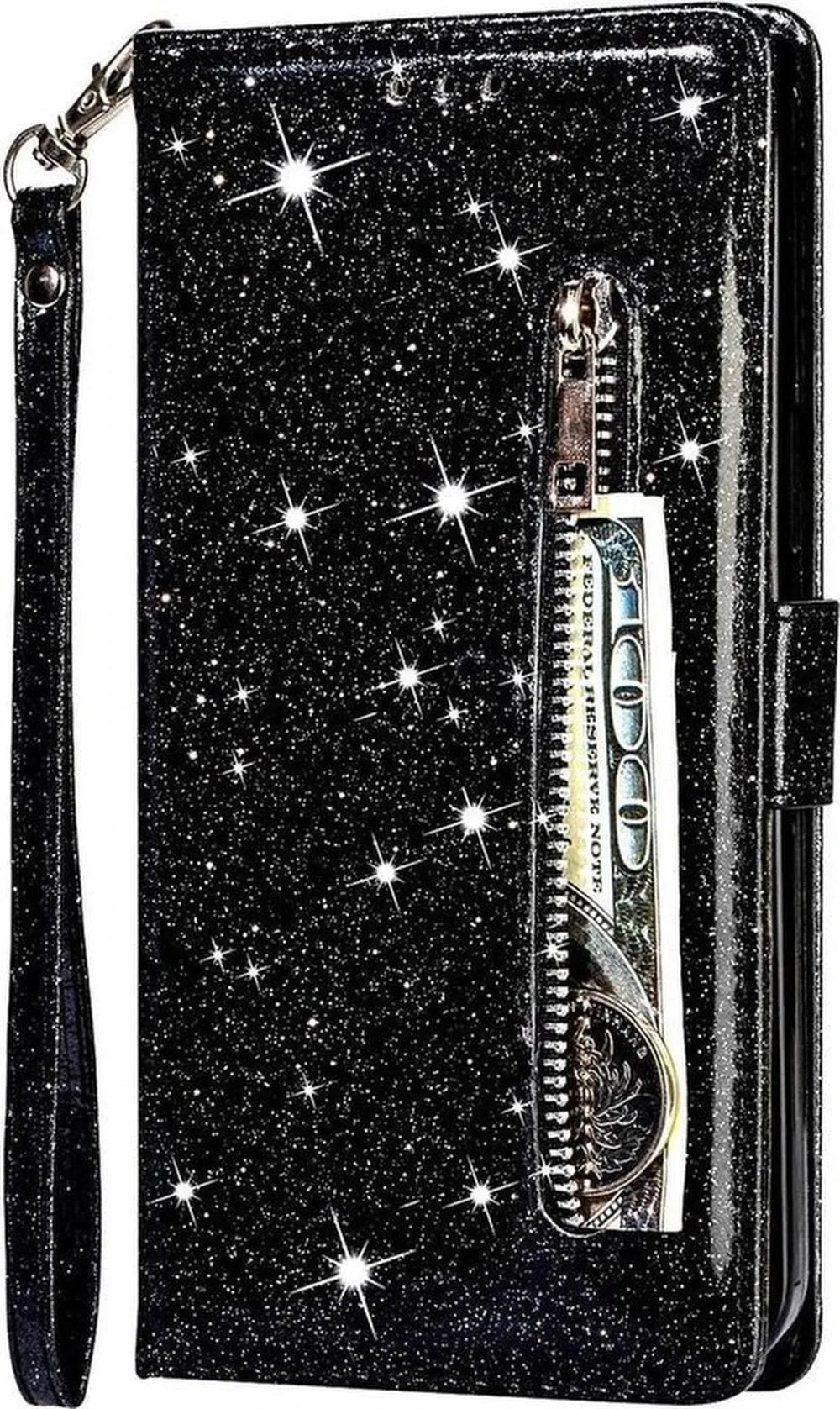 Samsung Galaxy A20s Hoesjes – Glitter Portemonnee Case – Rits & Koord – Pasjeshouder – Zwart-Ilumina Benelux
