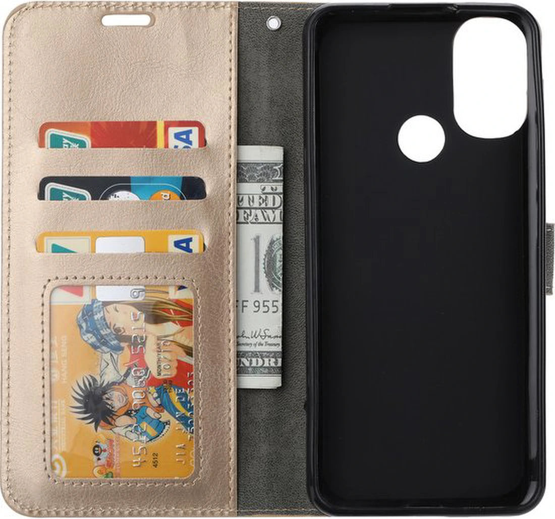Bookcase Geschikt voor: Motorola Moto E20 / E30 / E40 - Goud - Portemonnee hoesje met 1x Screenprotector