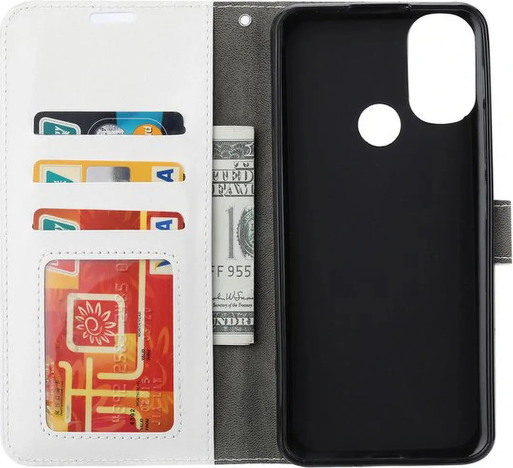 Motorola Moto E20/E30/E40 Hoesjes – Bookcase Portemonnee Hoes – Pasjeshouder – 1x Screenprotector – Wit-Ilumina Benelux