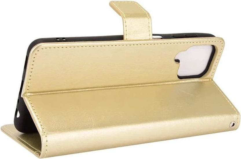 Samsung Galaxy A22 4G Hoesjes – Bookcase Portemonnee – Magneetsluiting – 1x Gehard Glas Screenprotector – Goud