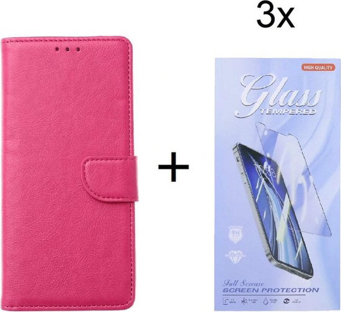 Samsung Galaxy A22 4G Hoesjes – Portemonnee Bookcase – Magneetsluiting – 3x Gehard Glas Screenprotector – Roze