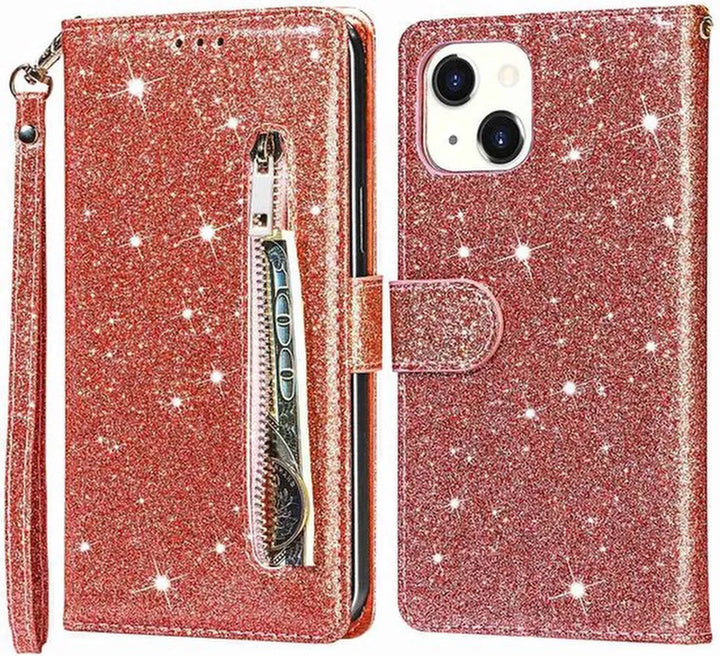iPhone 13 Hoesjes – Glitter Portemonnee Case – Rits – Koord – Pasjeshouder – Roségoud-Ilumina Benelux