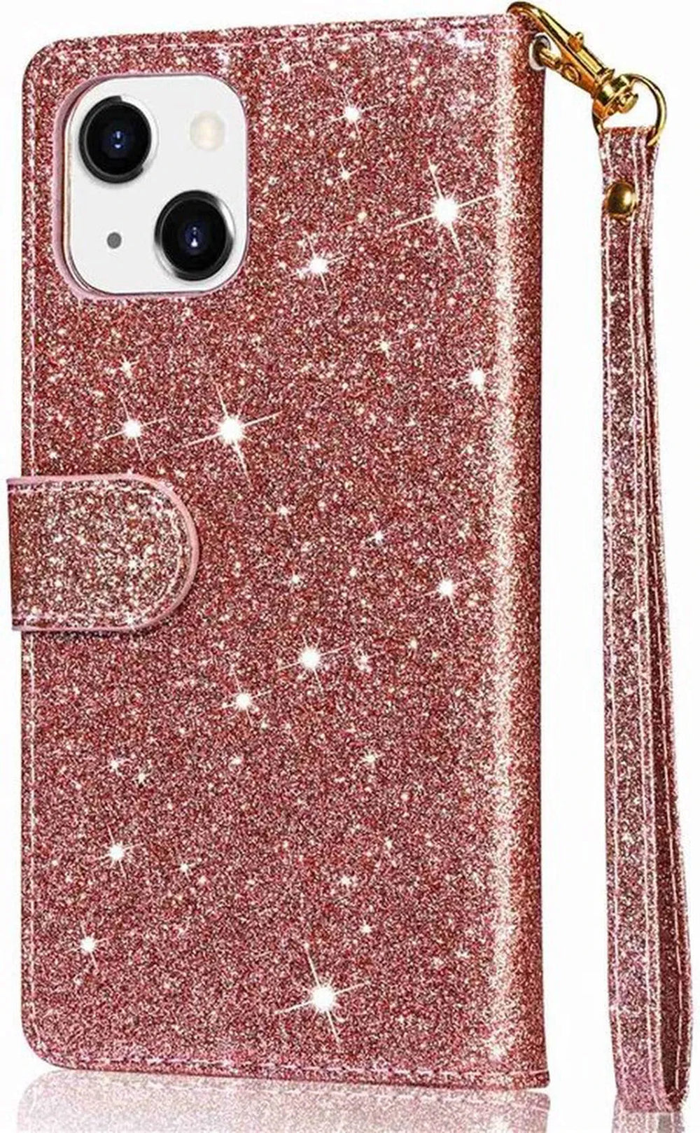 iPhone 13 Hoesjes – Glitter Portemonnee Case – Rits – Koord – Pasjeshouder – Roségoud-Ilumina Benelux