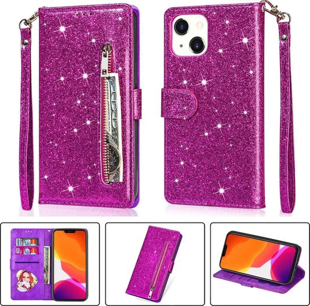 iPhone 13 Hoesjes – Glitter Portemonnee Case – Rits & Koord – Pasjeshouder – Paars-Ilumina Benelux