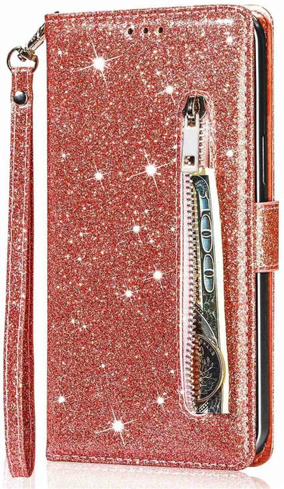 iPhone 13 Pro Hoesjes – Glitter Portemonnee Case – Rits & Koord – Pasjeshouder – Roségoud-Ilumina Benelux
