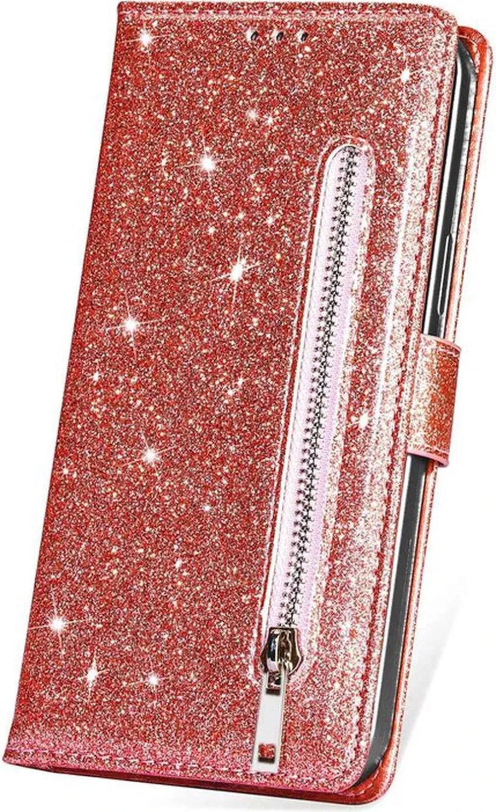 iPhone 13 Pro Hoesjes – Glitter Portemonnee Case – Rits & Koord – Pasjeshouder – Roségoud-Ilumina Benelux