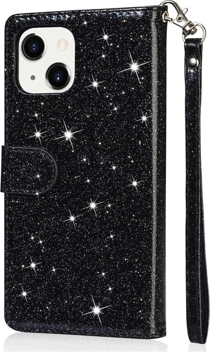 iPhone 13 Pro Max Hoesjes – Glitter Portemonnee Case – Rits – Koord & Pasjeshouder – Zwart-Ilumina Benelux