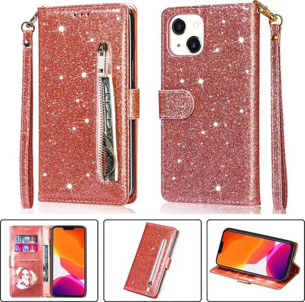 iPhone 13 Pro Max Hoesjes – Glitter Portemonnee Case – Rits & Koord – Pasjeshouder – Roségoud-Ilumina Benelux