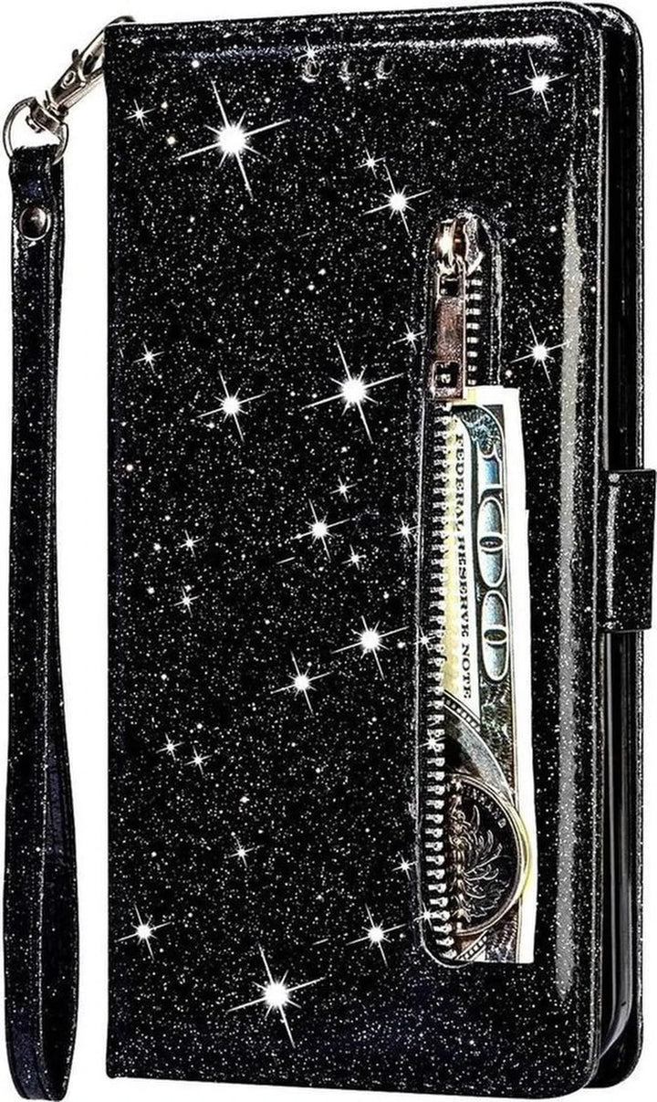 iPhone 13 Mini Hoesjes – Glitter Portemonnee Bookcase – Rits – Koord & Pasjeshouder – Zwart-Ilumina Benelux