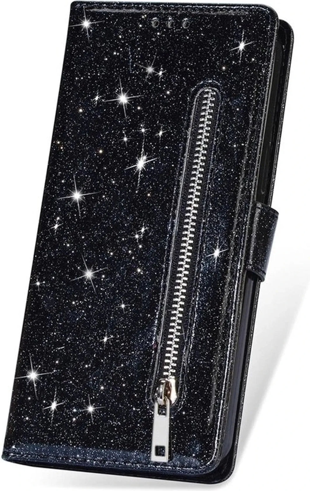 iPhone 13 Mini Hoesjes – Glitter Portemonnee Bookcase – Rits – Koord & Pasjeshouder – Zwart-Ilumina Benelux
