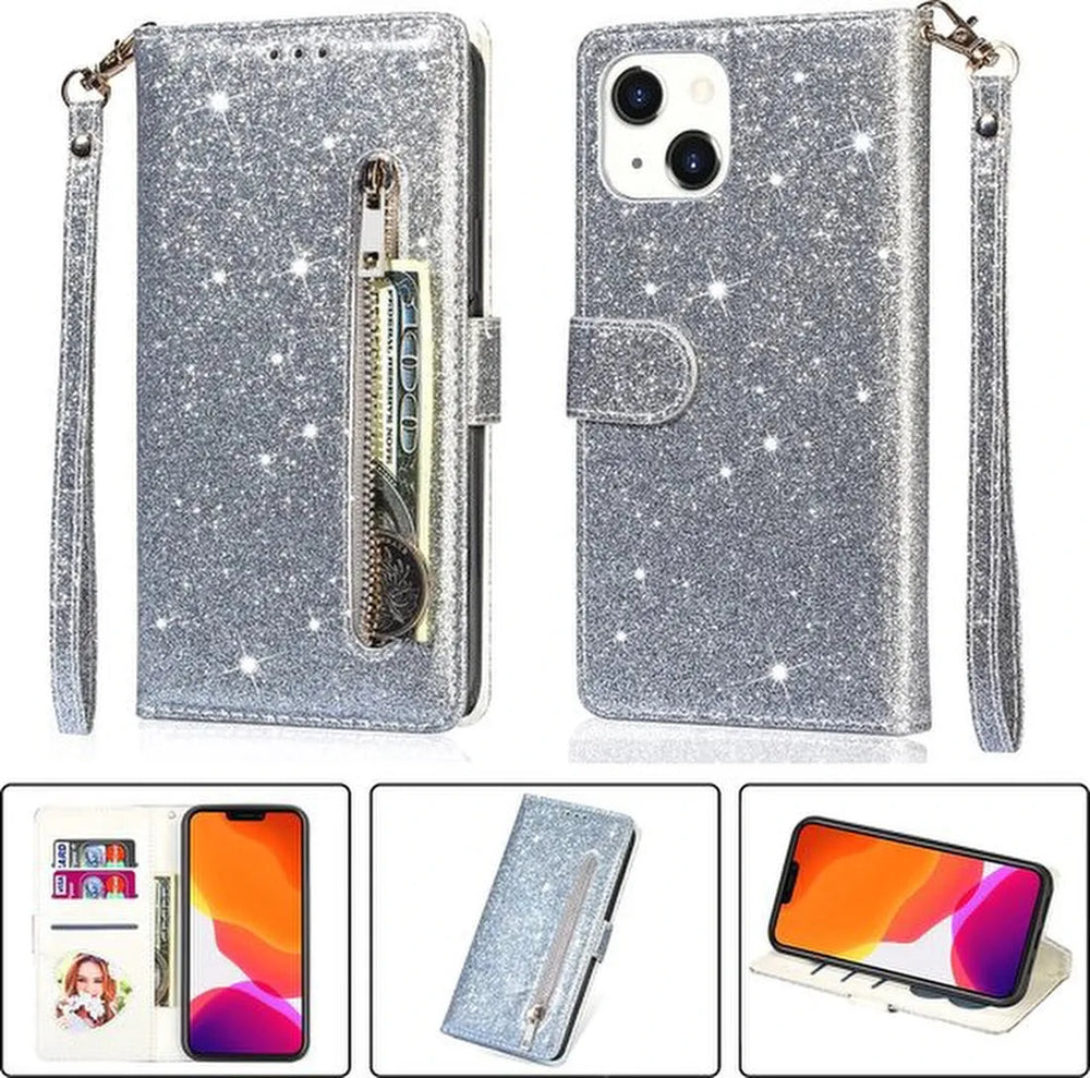 iPhone 13 Mini Hoesjes – Glitter Portemonnee Case – Rits – Koord & Pasjeshouder – Zilver-Ilumina Benelux