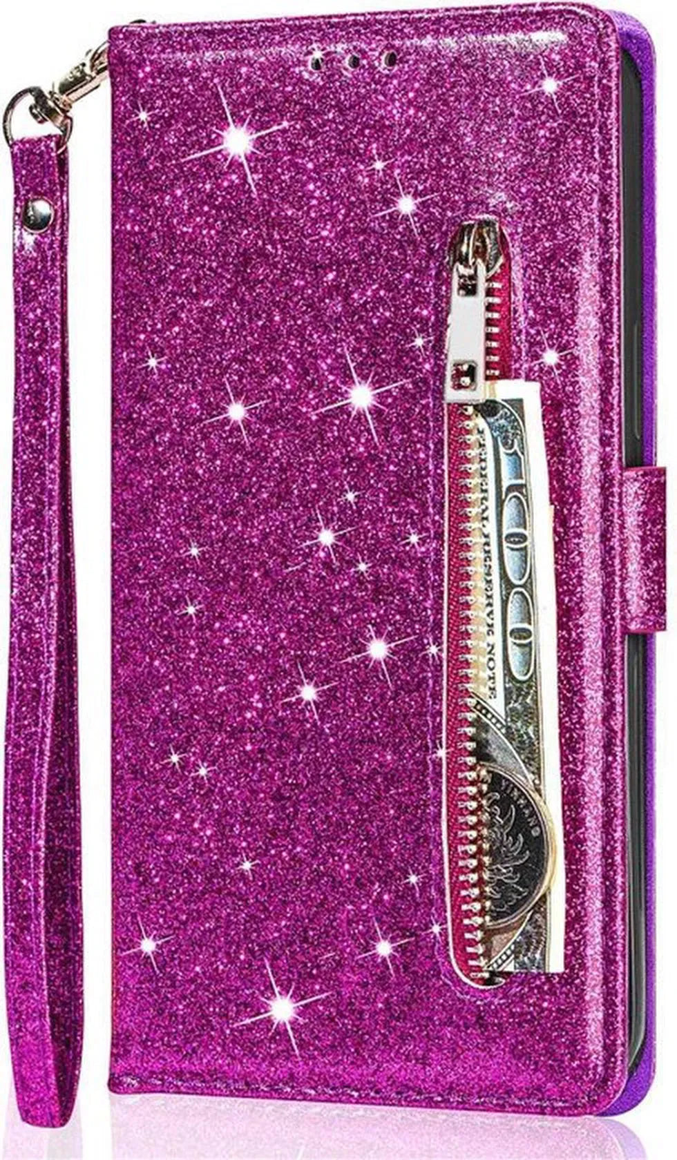 iPhone 13 Mini Hoesjes – Glitter Portemonnee Case – Rits & Koord – Pasjeshouder – Paars-Ilumina Benelux