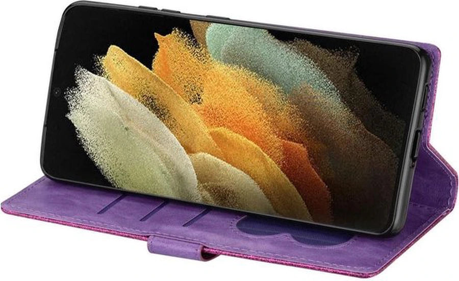 Samsung Galaxy A20e Hoesjes – Glitter Portemonneehoes – Rits – Koord – Pasjeshouder – Paars