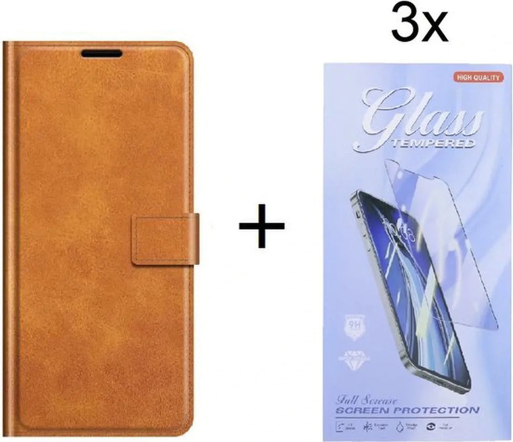 Samsung Galaxy A33 5G Hoesjes – Bookcase Portemonnee – Pasjeshouder – 3x Gehard Glas Screenprotector – Lichtbruin-Ilumina Benelux