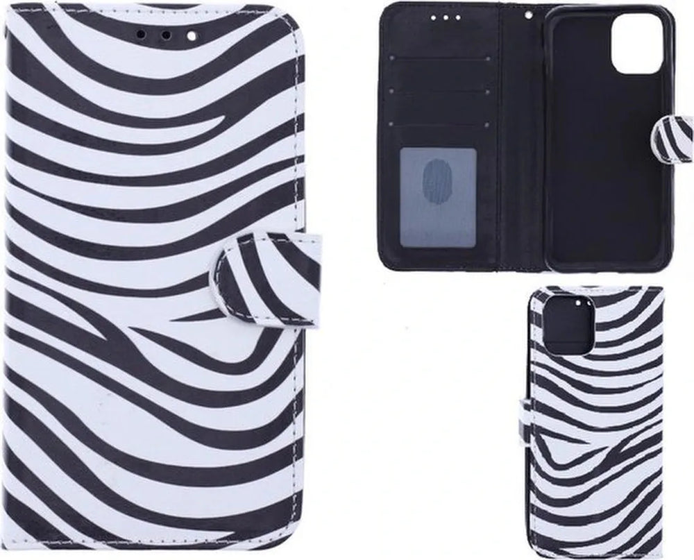 iPhone 12 mini Hoesjes – Bookcase Portemonnee – Zebra Print – Pasjeshouder – Magneetsluiting – Zwart/Wit-Ilumina Benelux