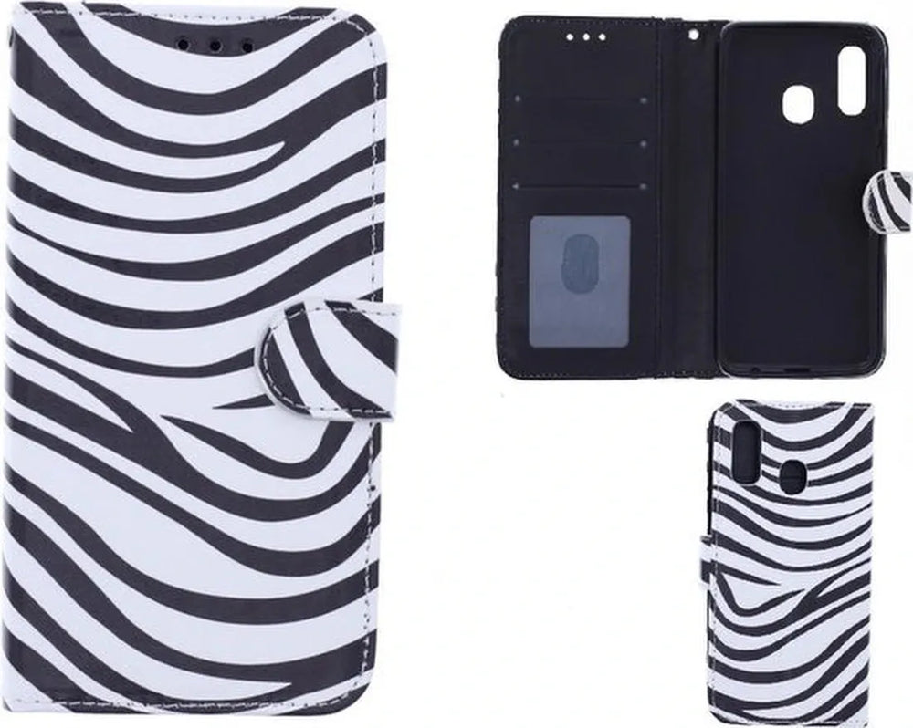 Samsung Galaxy A20s Hoesjes – Portemonnee Hoes – Zebra Print – Pasjeshouder – 2x Gehard Glas Screenprotector – Zwart/Wit-Ilumina Benelux