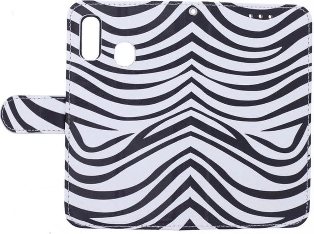 Samsung Galaxy A20s Hoesjes – Portemonnee Hoes – Zebra Print – Pasjeshouder – 2x Gehard Glas Screenprotector – Zwart/Wit-Ilumina Benelux