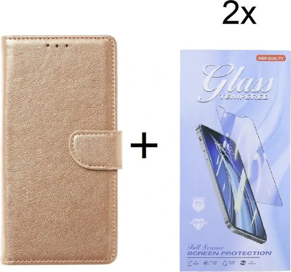 Motorola Moto G22 Hoesjes – Portemonnee Bookcase – Magneetsluiting & Pasjeshouder – 2x Screenprotector – Goud-Ilumina Benelux