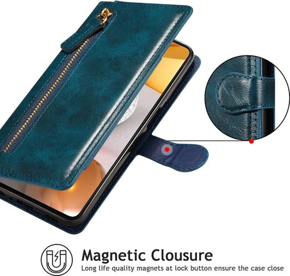 Samsung Galaxy A22 4G Hoesjes – Bookcase Portemonnee Hoes – Ritssluiting – 5 Pasjeshouder – Blauw