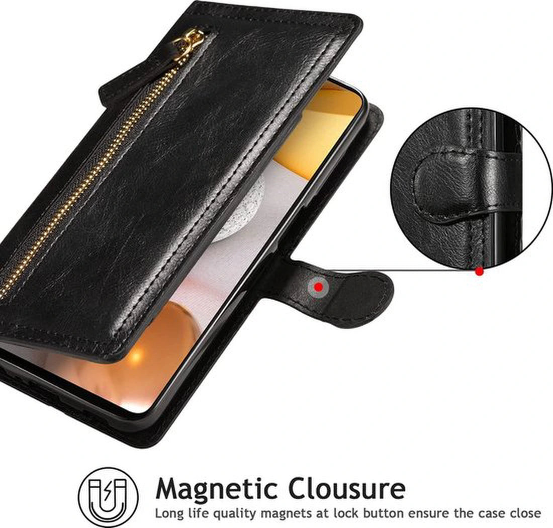 Samsung Galaxy A22 4G Hoesjes – Bookcase Portemonneehoes – Ritssluiting – 5 Pasjeshouder – Zwart