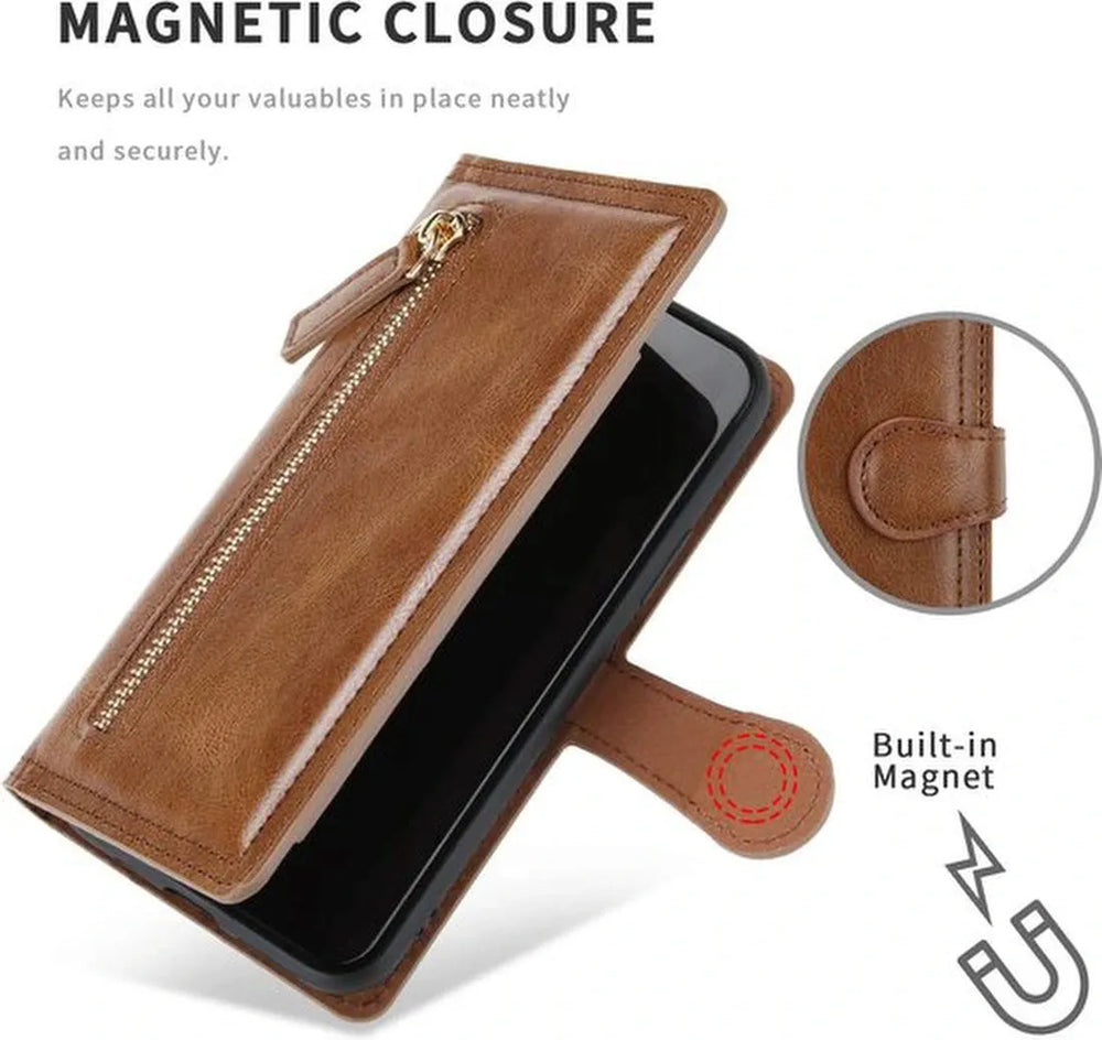 Samsung Galaxy S22 Plus Hoesjes – Bookcase Portemonneehoes – Ritssluiting – 5 Pasjeshouder – Donkerbruin-Ilumina Benelux