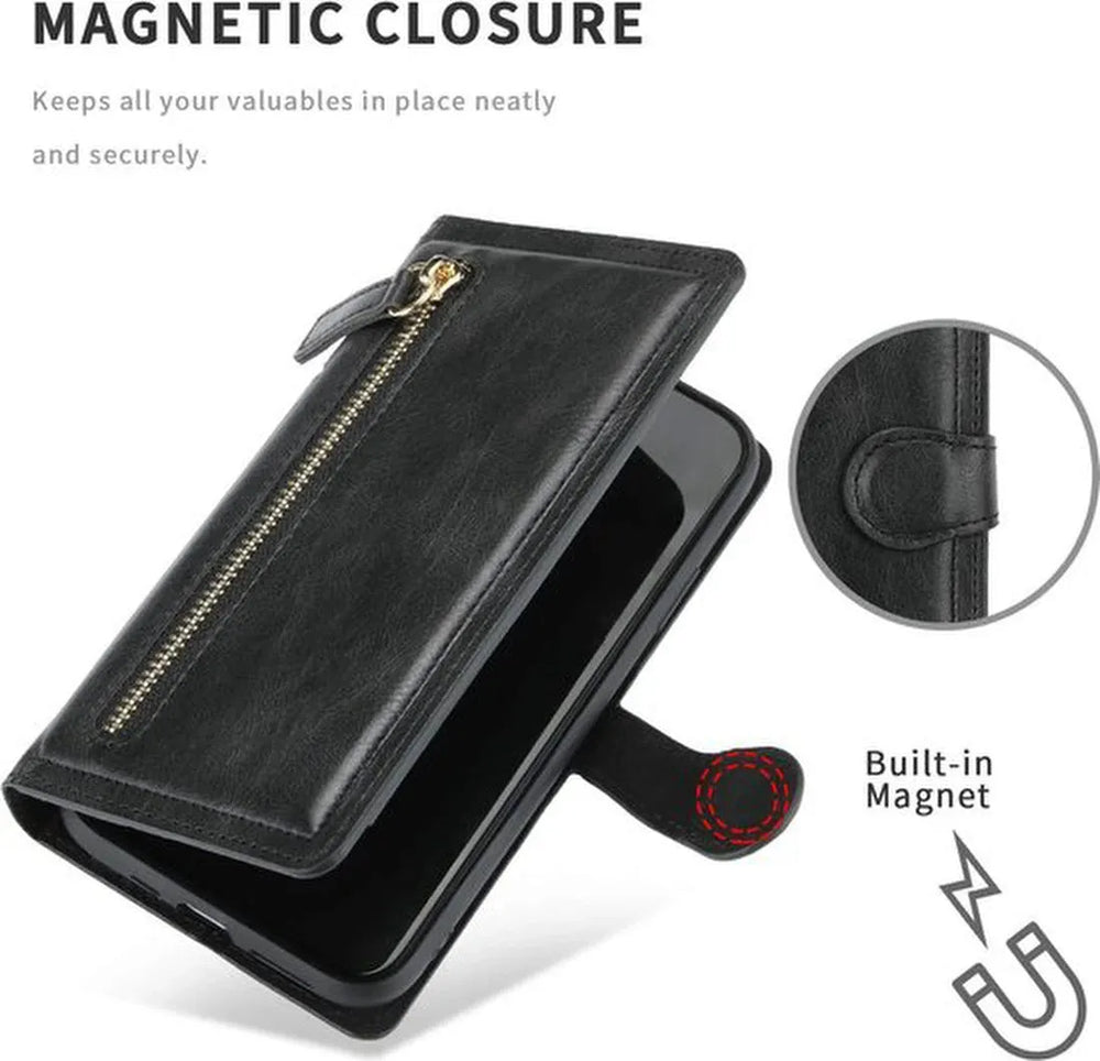 Samsung Galaxy S22 Plus Hoesjes – Bookcase Portemonneehoes – Ritssluiting – 5 Pasjeshouder – Zwart-Ilumina Benelux