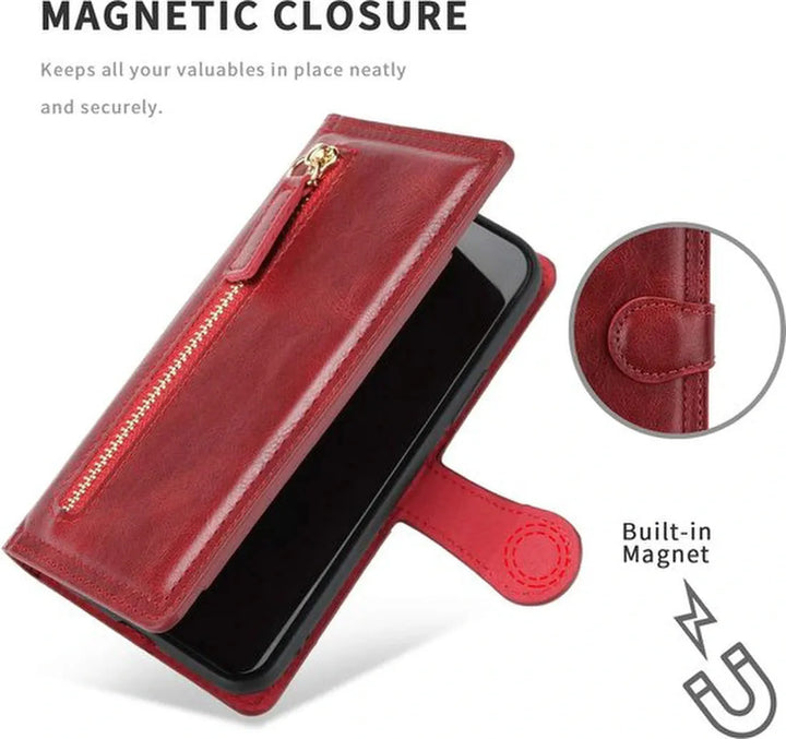 Samsung Galaxy A13 5G Hoesjes – Bookcase Portemonneehoes – Ritssluiting – 5 Pasjeshouder – Rood-Ilumina Benelux