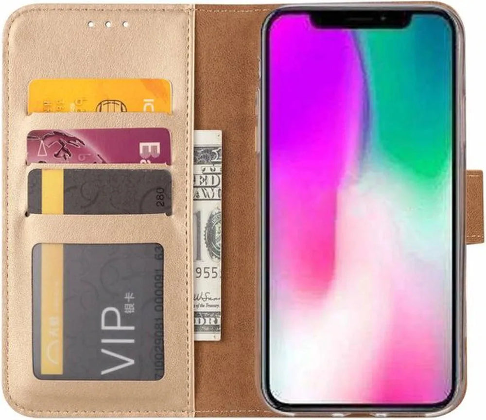 iPhone X / XS Hoesjes – Portemonnee Hoes – Pasjeshouder – 2x Screenprotector – Goud-Ilumina Benelux