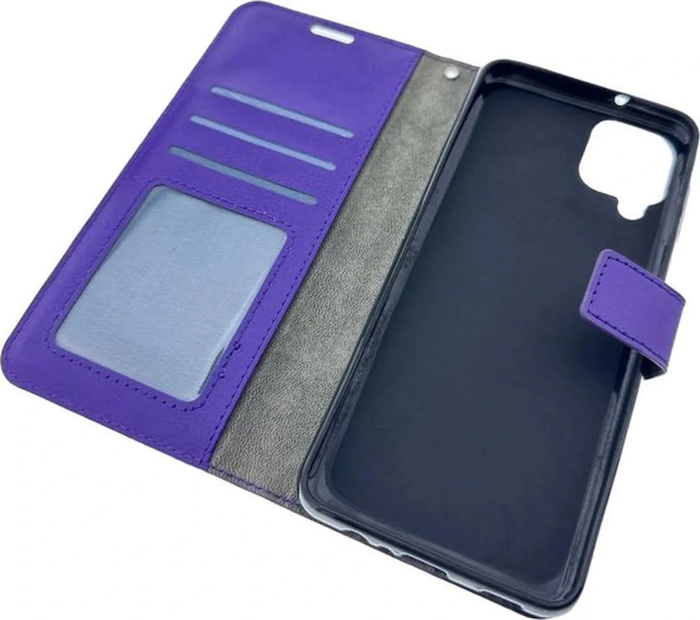 Samsung Galaxy A12 Hoesjes – Portemonnee Bookcase – Pasjeshouder – 3x Gehard Glas Screenprotector – Paars-Ilumina Benelux