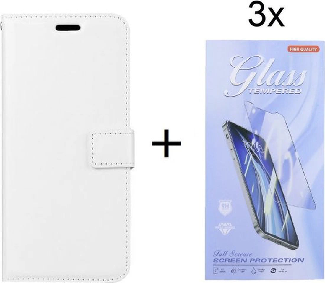 Bookcase Geschikt voor: Samsung Galaxy A13 5G / A04s Wit - Portemonnee hoesje met 3x Glas Screen protector