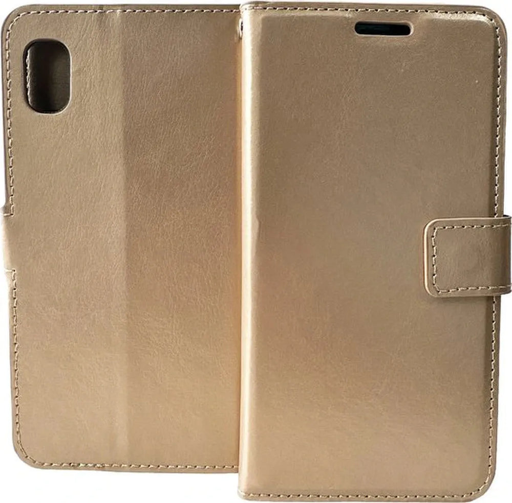 Samsung Galaxy A01 Core Hoesjes – Bookcase Portemonnee Hoes – Pasjeshouder – Magneetsluiting – Goud-Ilumina Benelux