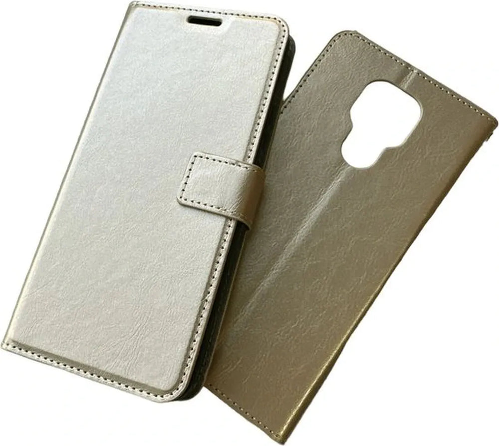 Motorola Moto E7 Hoesjes – Portemonnee Hoes – Magneetsluiting – 2x Screenprotector – Goud-Ilumina Benelux