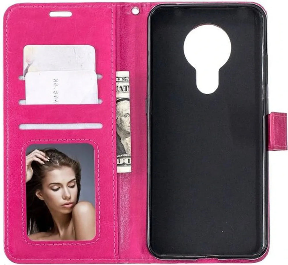 Motorola Moto E7 Hoesjes – Portemonnee Hoes – Pasjeshouder – Magneetsluiting – Roze-Ilumina Benelux