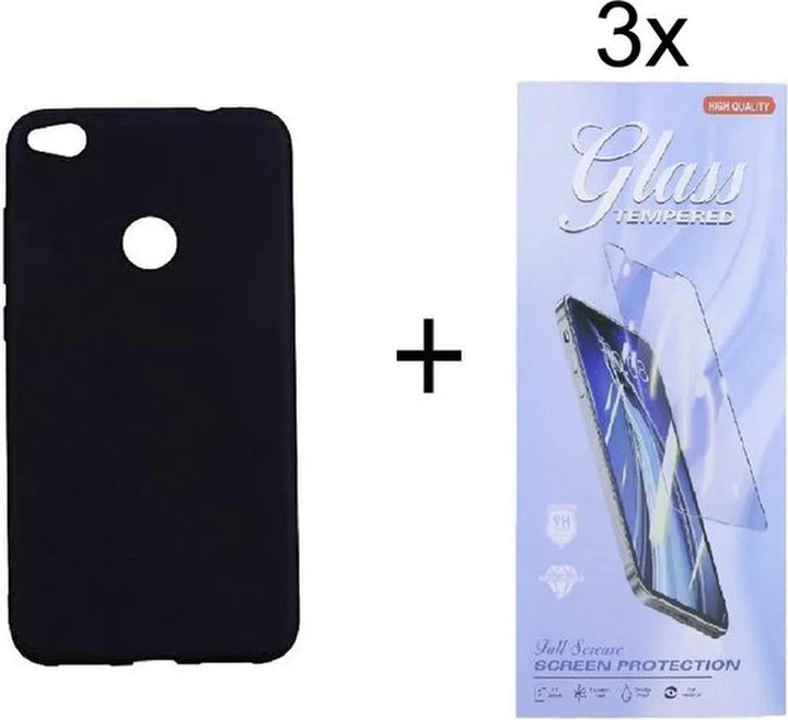 Huawei P8 Lite 2017 Hoesjes – Siliconen Backcover – Zwart – Inclusief 3x Screenprotector Gehard Glas – Anti-kras-Ilumina Benelux