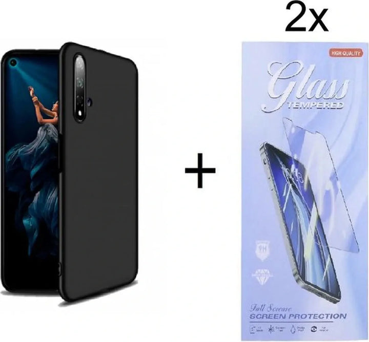 Huawei Nova 5T Hoesjes – Siliconen Backcover – Zwart – 2x Screenprotector Gehard Glas – Anti-kras Transparant-Ilumina Benelux