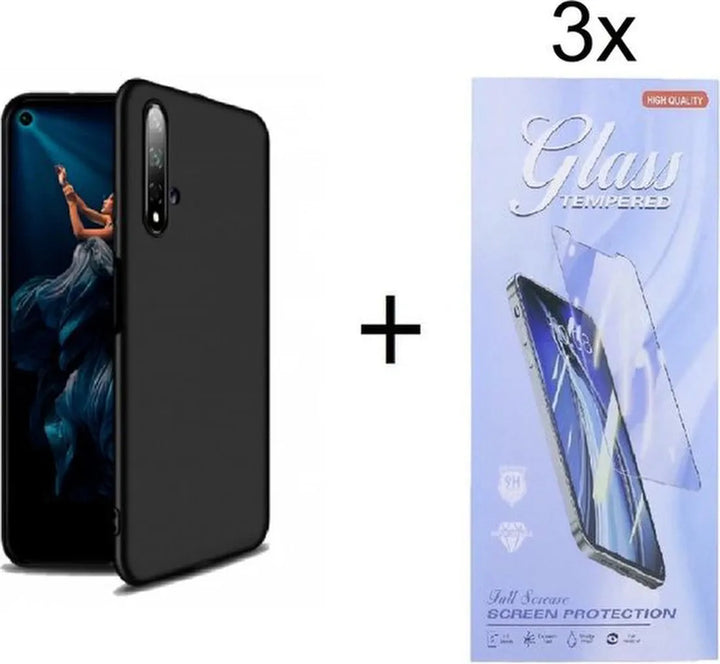 Huawei Nova 5T Hoesjes – Siliconen Backcover – Zwart – Inclusief 3x Screenprotector Gehard Glas – Anti-kras-Ilumina Benelux