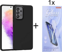 Samsung Galaxy A73 5G Hoesjes – Siliconen Backcover – Soft Touch – Zwart + Screenprotector Gehard Glas – Anti-kras – Transparant