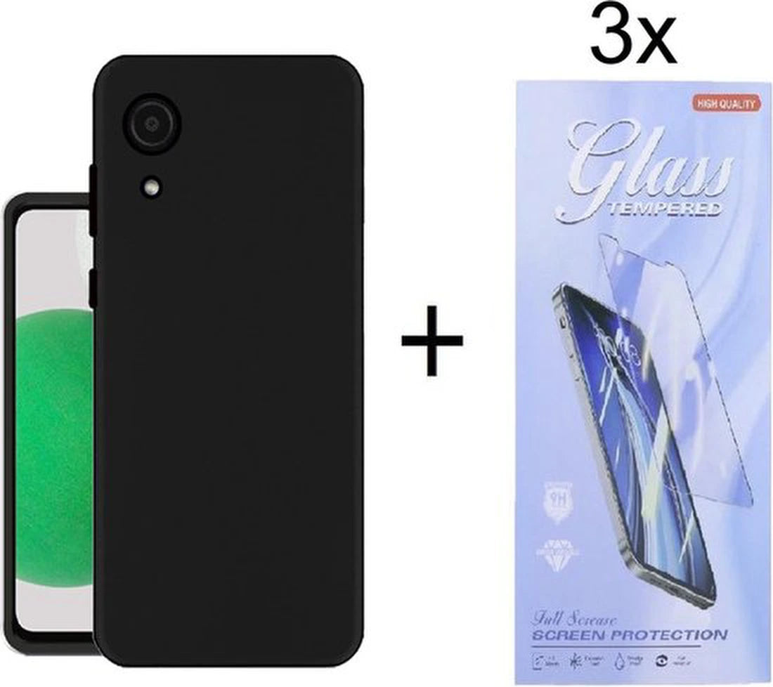 Samsung Galaxy A03 Core Hoesjes – Siliconen Backcover – Soft Touch – Zwart + 3x Screenprotector Gehard Glas – Anti-kras – Transparant