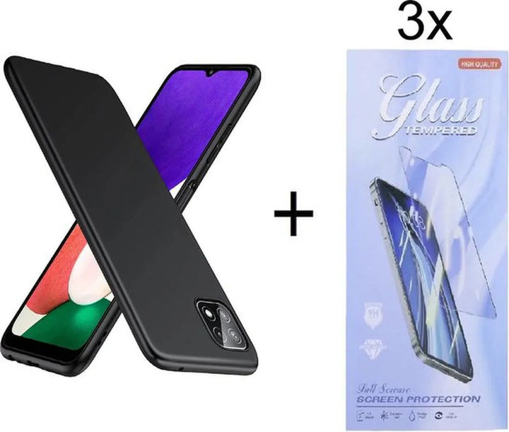 Samsung Galaxy A22 5G Hoesjes – Siliconen Backcover – Soft Touch – Zwart + 3x Screenprotector Gehard Glas – Anti-kras – Transparant-Ilumina Benelux