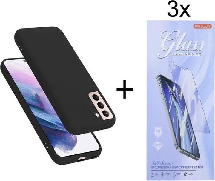 Samsung Galaxy S21 FE Hoesjes – Siliconen Backcover – Soft Touch – Zwart + 3x Screenprotector Gehard Glas – Anti-kras – Transparant-Ilumina Benelux